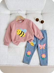 SHEIN 女嬰刺繡長袖衛衣與卡通印花長褲套裝 - 粉色 - 查看 4