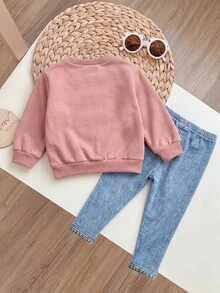SHEIN 女嬰刺繡長袖衛衣與卡通印花長褲套裝 - 粉色 - 查看 2