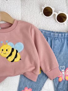 SHEIN 女嬰刺繡長袖衛衣與卡通印花長褲套裝 - 粉色 - 查看 5