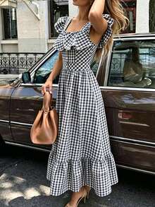 SHEIN PariChic Women's Summer Ruffle Waist Button Vacation Dress, Mature 80s Retro Sexy Style For Office Picnic And Casual Wear Black And White Plaid - Black and White - View 5