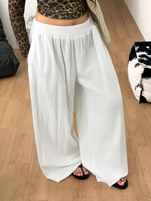 Coolane Plus Size Women's Solid Color Drawstring Waist Casual Versatile Daily Travel Long Pants Fall - White - View 8