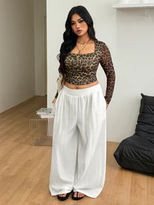 Coolane Plus Size Women's Solid Color Drawstring Waist Casual Versatile Daily Travel Long Pants Fall - White - View 5