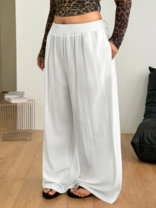Coolane Plus Size Women's Solid Color Drawstring Waist Casual Versatile Daily Travel Long Pants Fall - White - View 6