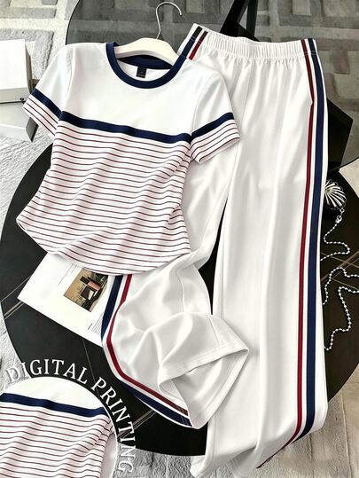 Franclia Women's Summer Casual Striped Patchwork T-Shirt And Long Pants 2 Pieces Set