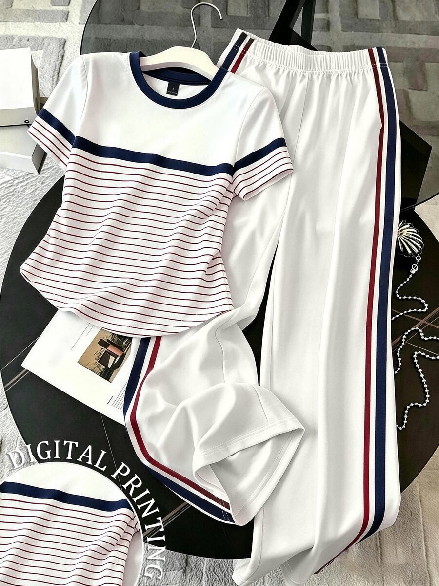 Franclia Women's Summer Casual Striped Patchwork T-Shirt And Long Pants 2 Pieces Set - Multicolor - View 1