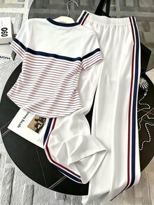 Franclia Women's Summer Casual Striped Patchwork T-Shirt And Long Pants 2 Pieces Set - Multicolor - View 2