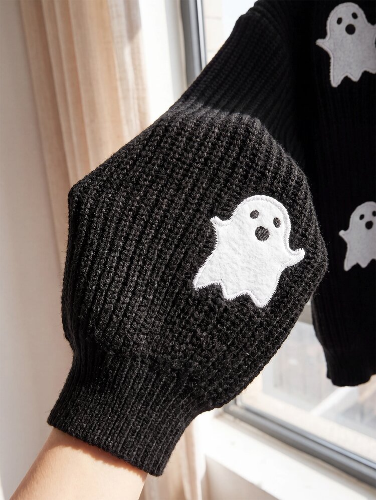 Comfortcana Plus Size Women's Cartoon Pattern Casual Daily Long Sleeve Cardigan Halloween - Black - View 5