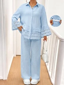 SHEIN 孕婦休閒通勤純色襯衫與長褲兩件套 - 藍色 - 查看 5