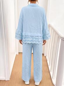 SHEIN 孕婦休閒通勤純色襯衫與長褲兩件套 - 藍色 - 查看 2