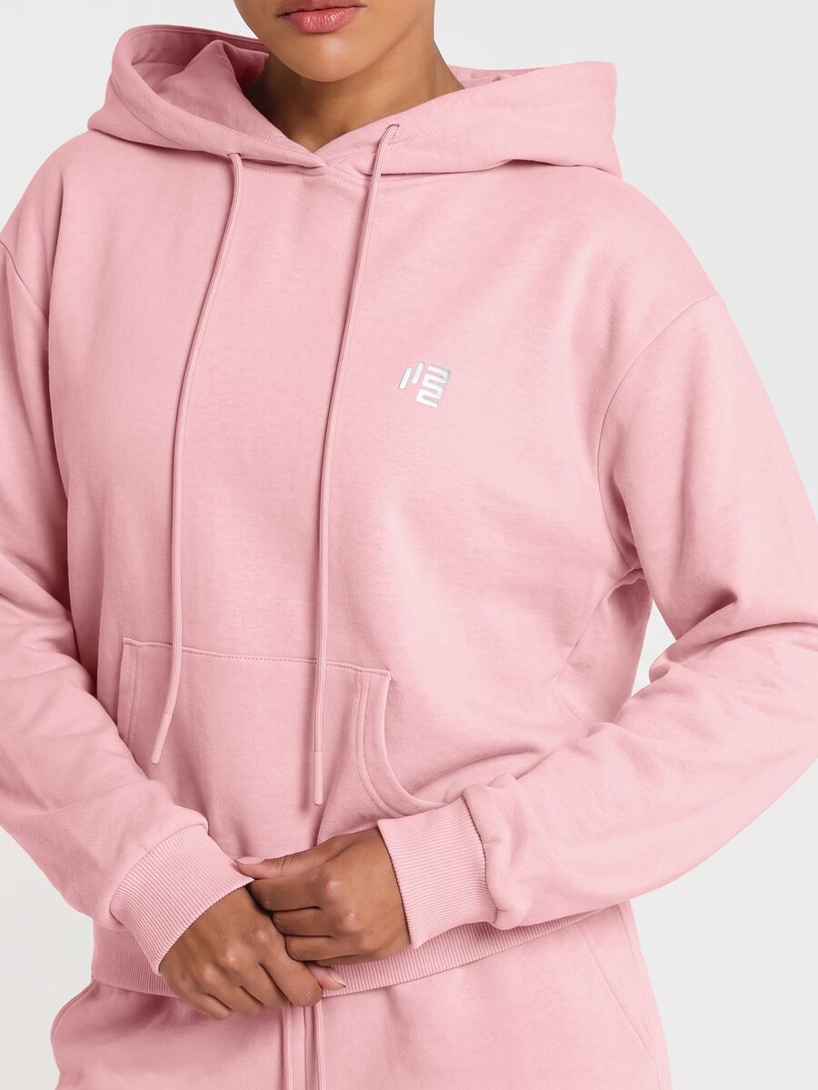 11SKNDS Oversized Pullover Sweatshirt With Hood Drawstring Single Centre Pocket Ribbed Cuffs Cozy Casual Fall Winter Essential - Pink - View 1