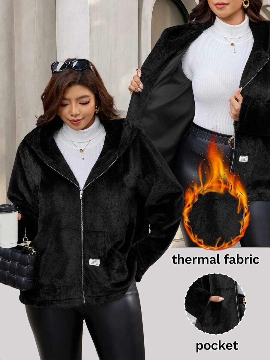 SHEIN Clasi 大尺碼女款拉鍊連帽休閒百搭日常外套 - 黑色 - 查看 1