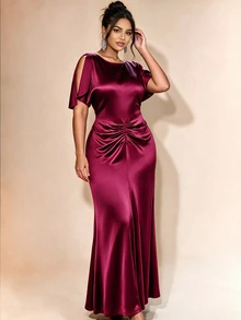 Cravure Plus Size Burgundy Glossy Satin Round Neck Split Sleeve Ruched Mermaid Long Dress, Luxury Evening Gown For Wedding, Party, Date - Burgundy - View 1