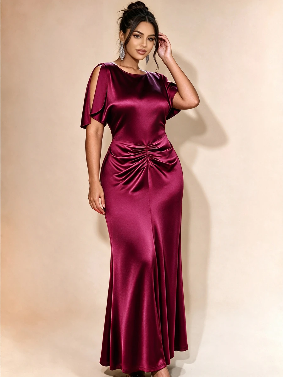 Cravure Plus Size Burgundy Glossy Satin Round Neck Split Sleeve Ruched Mermaid Long Dress, Luxury Evening Gown For Wedding, Party, Date - Burgundy - View 1