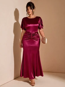 Cravure Plus Size Burgundy Glossy Satin Round Neck Split Sleeve Ruched Mermaid Long Dress, Luxury Evening Gown For Wedding, Party, Date - Burgundy - View 4