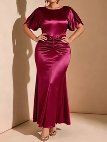 Cravure Plus Size Burgundy Glossy Satin Round Neck Split Sleeve Ruched Mermaid Long Dress, Luxury Evening Gown For Wedding, Party, Date - Burgundy - View 7
