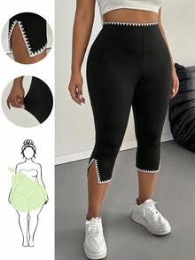 SHEIN VCAY Plus Black And White Trim Split Hem Leggings Gym Sports Soft - Multicolor - View 1