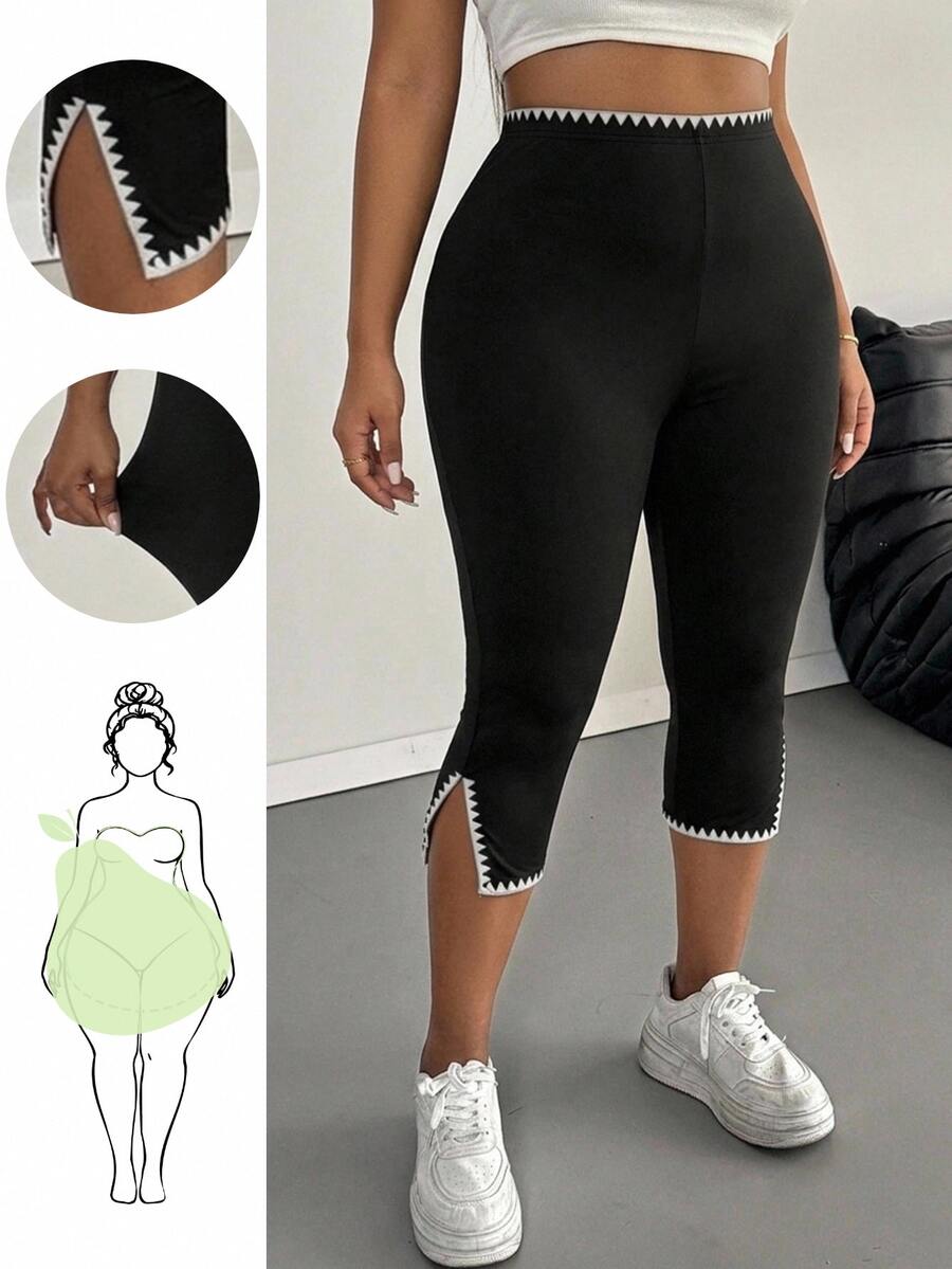 SHEIN VCAY Plus Black And White Trim Split Hem Leggings Gym Sports Soft - Multicolor - View 1
