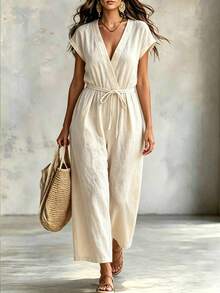 Linhara CURVE Versatile Premium Plus Size Textured Fabric Women's Jumpsuit - Apricot - View 1