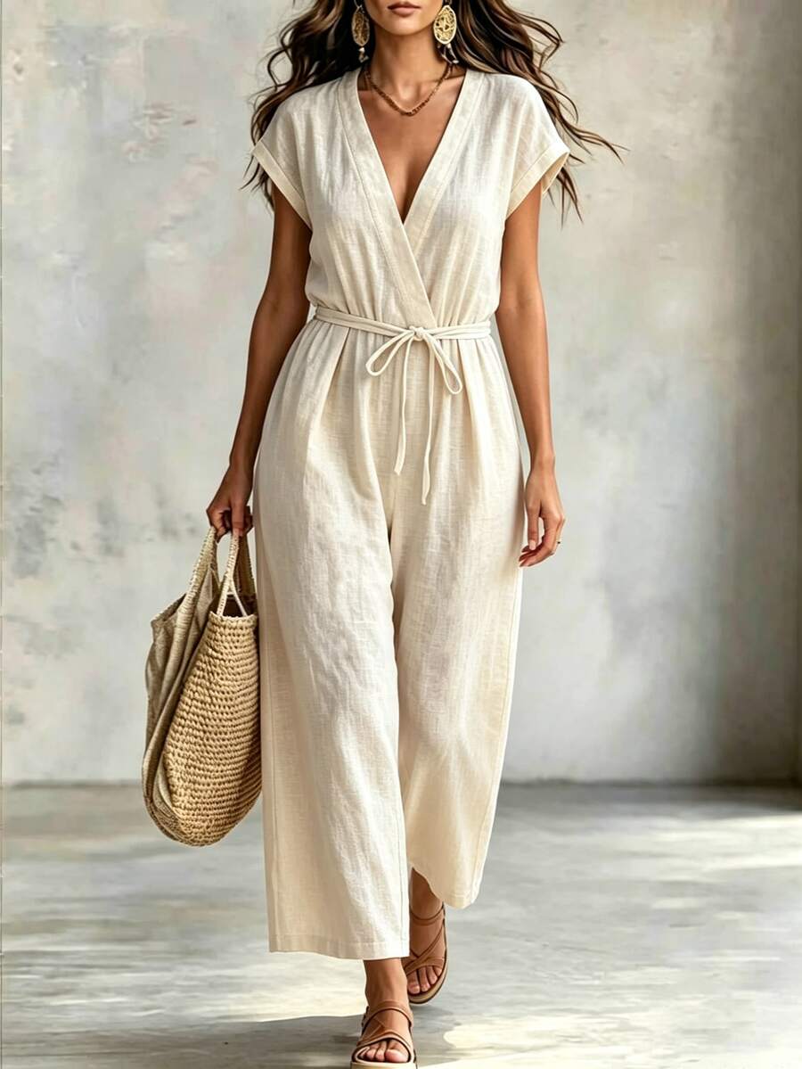 Linhara CURVE Versatile Premium Plus Size Textured Fabric Women's Jumpsuit - Apricot - View 1