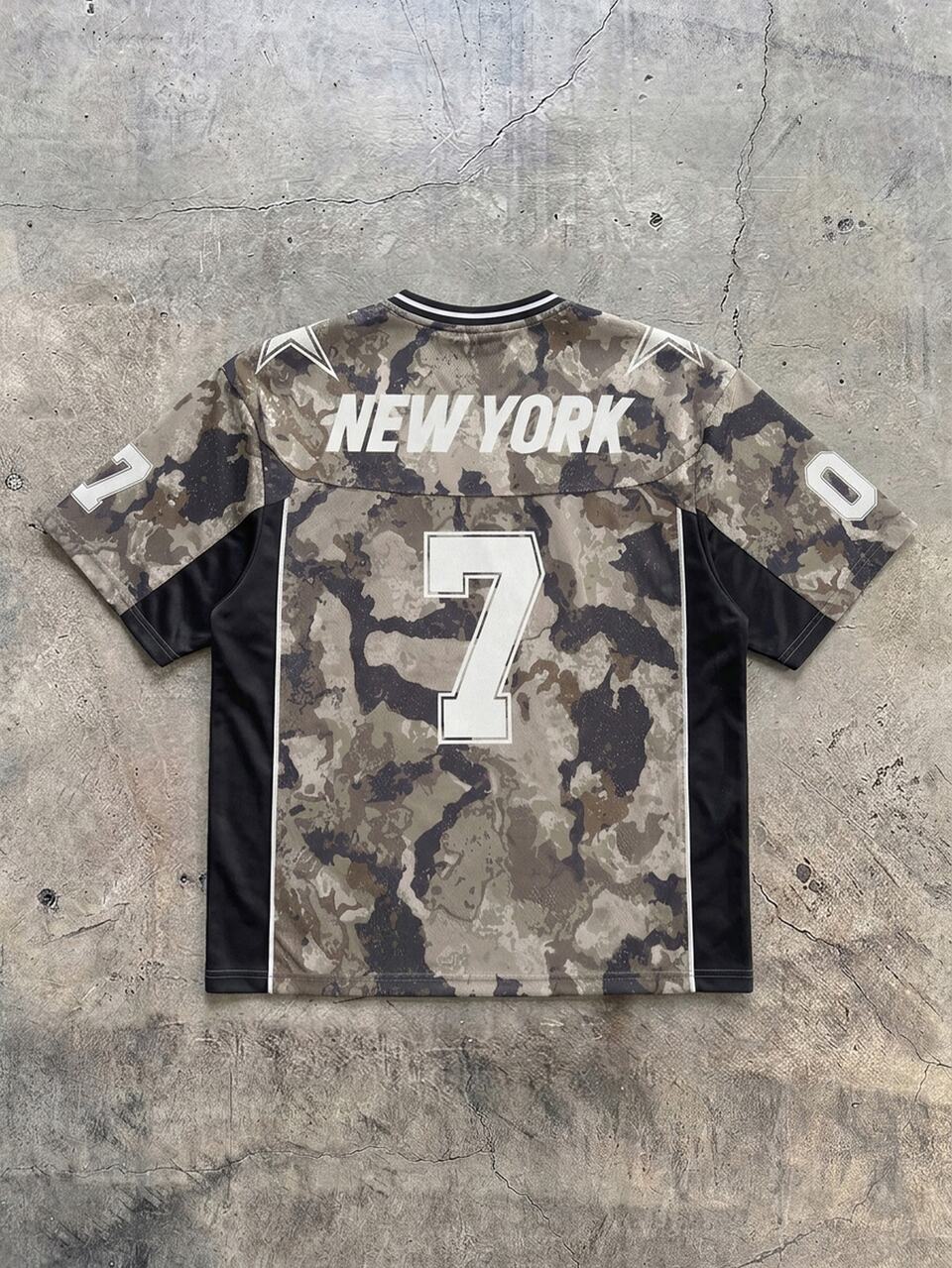 New York Number 7 Camouflage Print Oversized Mesh Football Jersey V-Neck Short Sleeve Top
