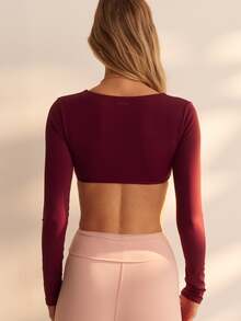 Aralina Deep V Neck Long Sleeve Cropped Active Yoga Pilates Top With Removable Pads Gym Workout Summer Fall World Cup Watch Party - Burgundy - View 2