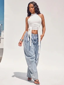 Denimoi Women's Solid Color Ruched Slim Fit Versatile Everyday Halter Neck Top - White - View 3