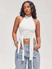 Denimoi Women's Solid Color Ruched Slim Fit Versatile Everyday Halter Neck Top - White - View 1
