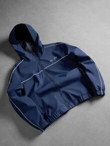 SUMWON Turn Club Navy Windbreaker Hooded Jacket With White Piping Contrast Detail Full Zip Elastic Hem Cuffs Oversized Fit Fall Winter Outerwear - Navy Blue - View 6