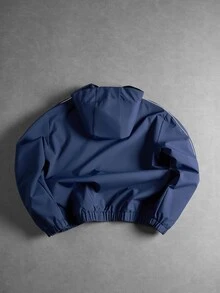 SUMWON Turn Club Navy Windbreaker Hooded Jacket With White Piping Contrast Detail Full Zip Elastic Hem Cuffs Oversized Fit Fall Winter Outerwear - Navy Blue - View 2