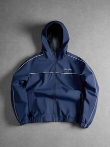 SUMWON Turn Club Navy Windbreaker Hooded Jacket With White Piping Contrast Detail Full Zip Elastic Hem Cuffs Oversized Fit Fall Winter Outerwear - Navy Blue - View 1