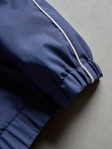 SUMWON Turn Club Navy Windbreaker Hooded Jacket With White Piping Contrast Detail Full Zip Elastic Hem Cuffs Oversized Fit Fall Winter Outerwear - Navy Blue - View 7