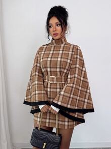 SHEIN Elenzya 1pc Plaid Print Cloak Sleeve Belted Overcoat - Multicolor - View 6