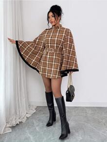 SHEIN Elenzya 1pc Plaid Print Cloak Sleeve Belted Overcoat - Multicolor - View 7