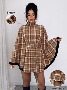 SHEIN Elenzya 1pc Plaid Print Cloak Sleeve Belted Overcoat - Multicolor - View 4
