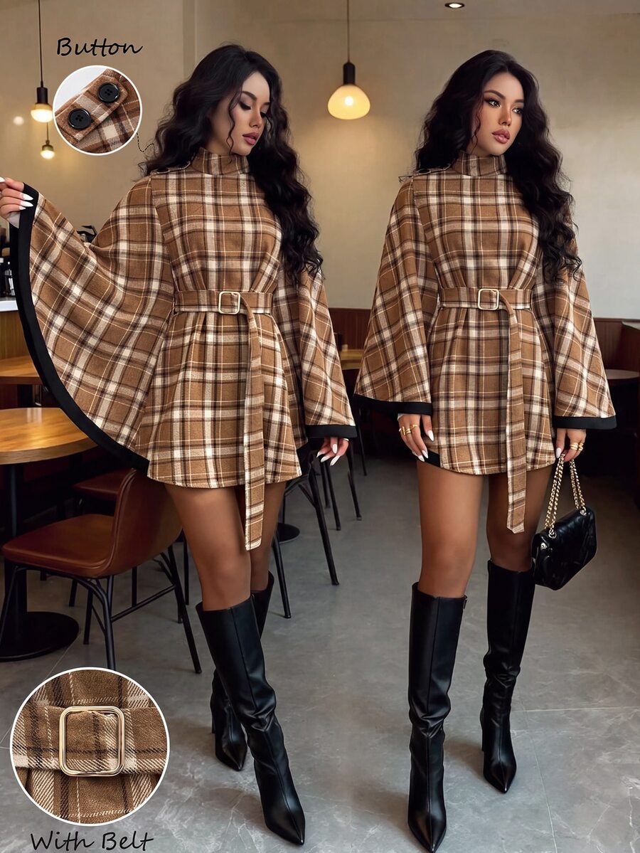 SHEIN Elenzya 1pc Plaid Print Cloak Sleeve Belted Overcoat - Multicolor - View 1