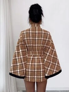 SHEIN Elenzya 1pc Plaid Print Cloak Sleeve Belted Overcoat - Multicolor - View 2