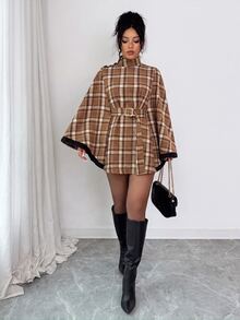 SHEIN Elenzya 1pc Plaid Print Cloak Sleeve Belted Overcoat - Multicolor - View 5