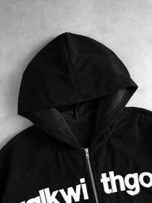 ROMWE MEN Men's Casual Corduroy Patchwork Embroidered Hooded Sweatshirt - Black - View 5
