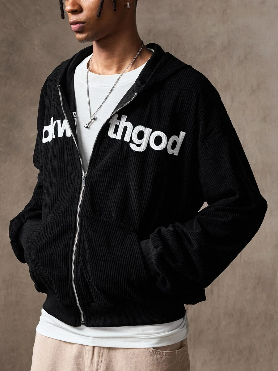 ROMWE MEN Men's Casual Corduroy Patchwork Embroidered Hooded Sweatshirt - Black - View 1