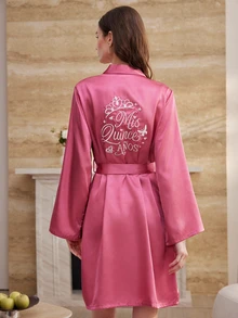 Moireta 优雅刺绣皇冠女士V领长袖系带睡袍，秋冬款 - 紫色 - 查看 4