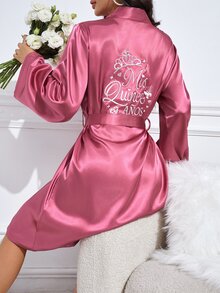 Moireta 优雅刺绣皇冠女士V领长袖系带睡袍，秋冬款 - 紫色 - 查看 5
