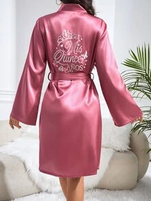 Moireta 优雅刺绣皇冠女士V领长袖系带睡袍，秋冬款 - 紫色 - 查看 2