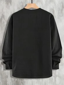VENTUSAIL 男士舒適提花條紋布料長袖無領襯衫，單口袋單排扣，適合正式或休閒場合、休閒度假、晚餐聚會、簡約辦公、居家休閒穿著，百搭風格，適合自穿或送禮給朋友，熱銷舒適布料襯衫 - 黑色 - 查看 2