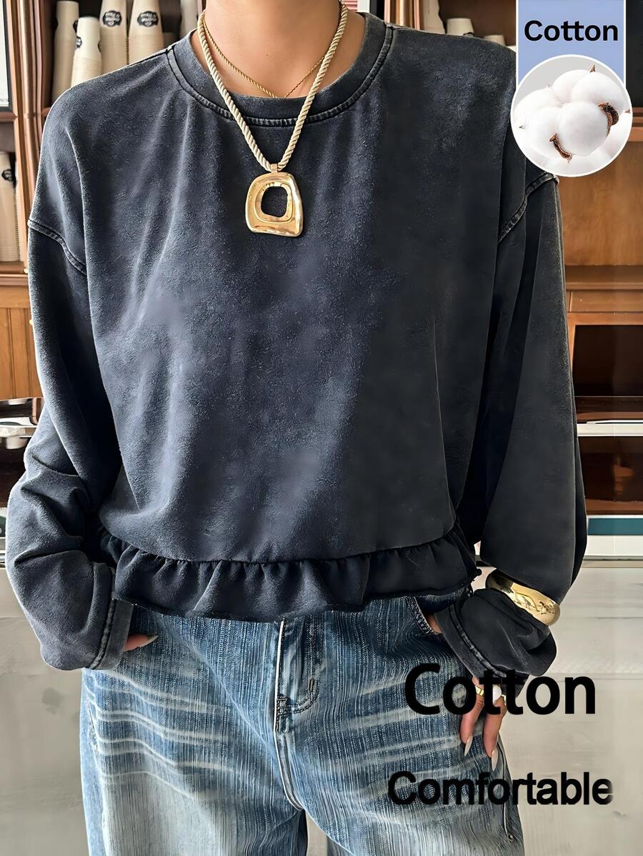 Muchica Kaos Lengan Panjang Leher Bulat Berkerut Model Vintage Lembut Ukuran Besar, Dicuci, Gaya 1960-an, 90-an, 70-an, Patchwork, dan Bertekstur Usang, Cocok untuk Brunch, Liburan, Warna Abu-abu, dan Musim Gugur. - Hitam - View 1