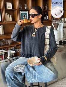 Muchica Kaos Lengan Panjang Leher Bulat Berkerut Model Vintage Lembut Ukuran Besar, Dicuci, Gaya 1960-an, 90-an, 70-an, Patchwork, dan Bertekstur Usang, Cocok untuk Brunch, Liburan, Warna Abu-abu, dan Musim Gugur. - Hitam - View 5