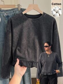 Muchica Kaos Lengan Panjang Leher Bulat Berkerut Model Vintage Lembut Ukuran Besar, Dicuci, Gaya 1960-an, 90-an, 70-an, Patchwork, dan Bertekstur Usang, Cocok untuk Brunch, Liburan, Warna Abu-abu, dan Musim Gugur. - Hitam - View 7