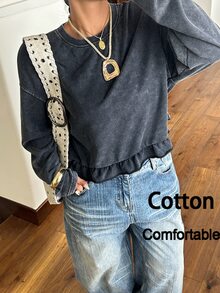 Muchica Kaos Lengan Panjang Leher Bulat Berkerut Model Vintage Lembut Ukuran Besar, Dicuci, Gaya 1960-an, 90-an, 70-an, Patchwork, dan Bertekstur Usang, Cocok untuk Brunch, Liburan, Warna Abu-abu, dan Musim Gugur. - Hitam - View 4