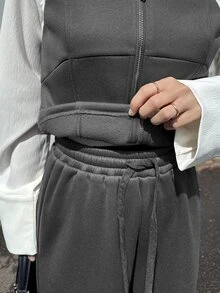 FRIFUL 女款拼色拉鍊長袖夾克與長褲休閒日常兩件套 - 灰色 - 查看 5