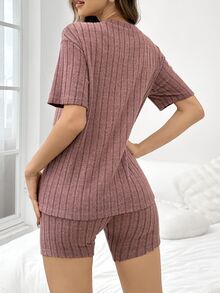SHEIN Women's Solid Color Loose Round Neck Short Sleeve Top & Shorts Homewear Set With Fleece Texture, Lounge Cozy Outfit, Fall Winter Pajama Clothes - Dusty Pink - View 2