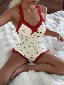 CottageSlumber Contrast Color Lace Backless Sexy Cherry Print Camisole Jumpsuit Loungewear For Women - Multicolor - View 5
